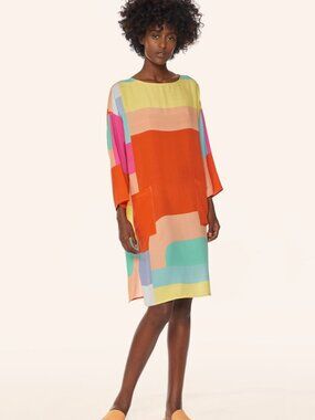 Mara Hoffman Abstract Print Shift Dress Colorblock Pockets Mini